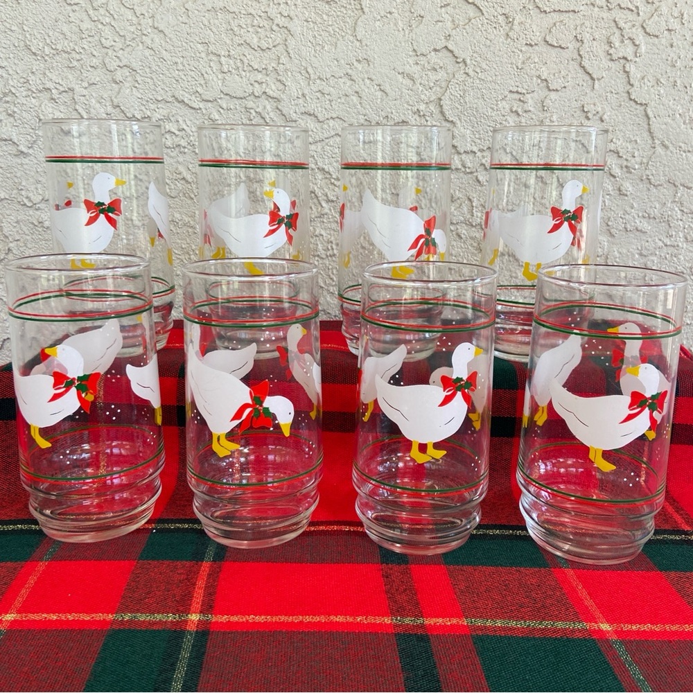 Indiana Glass Co Vintage 80s Set of 8 Christmas Goose 16 oz Decorated Glasses